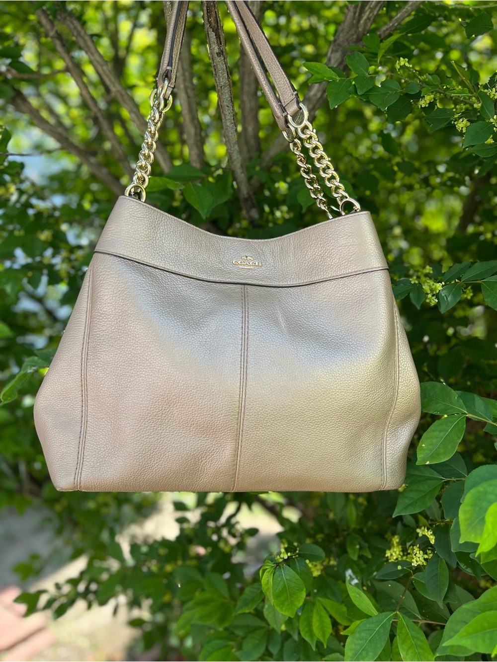 Coach Pebbled Metallic Platinum Shoulder Bag with Gold Hardware COA  incl.